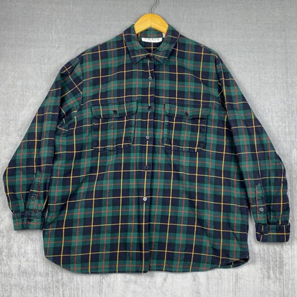Vtg 90s Chaus Button Up Womens 2XL Plaid Flannel‎ 100% Cotton Kurt Cobain Grunge
